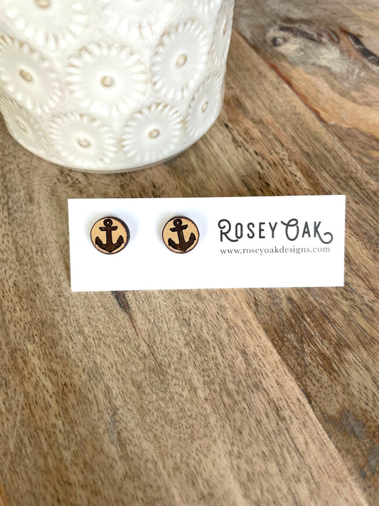 Bay Harbor Sailors Engraved Anchor, Branded Wood Stud Earrings