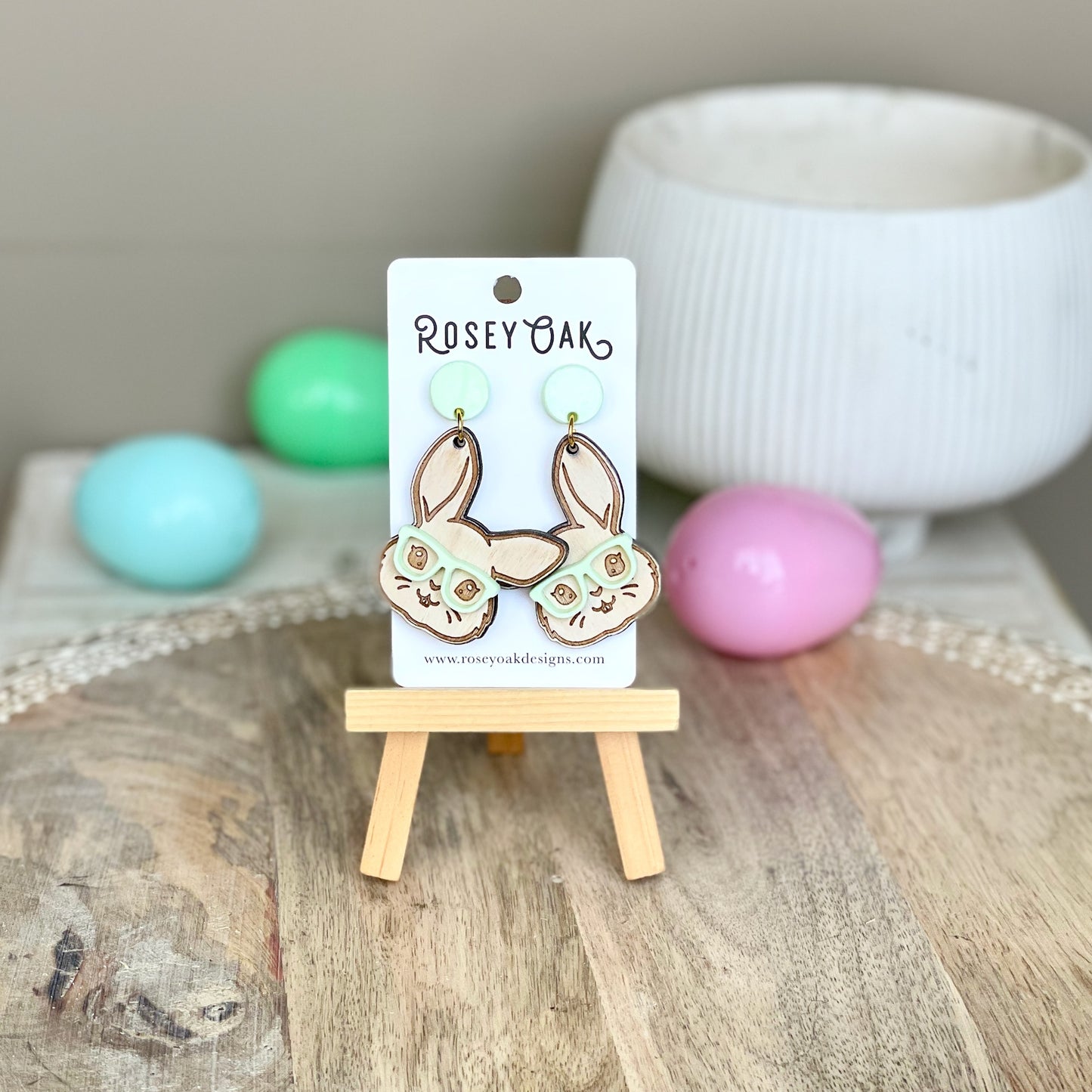 Easter Bunny with Glasses Laser Engraved Wood Dangle Earrings