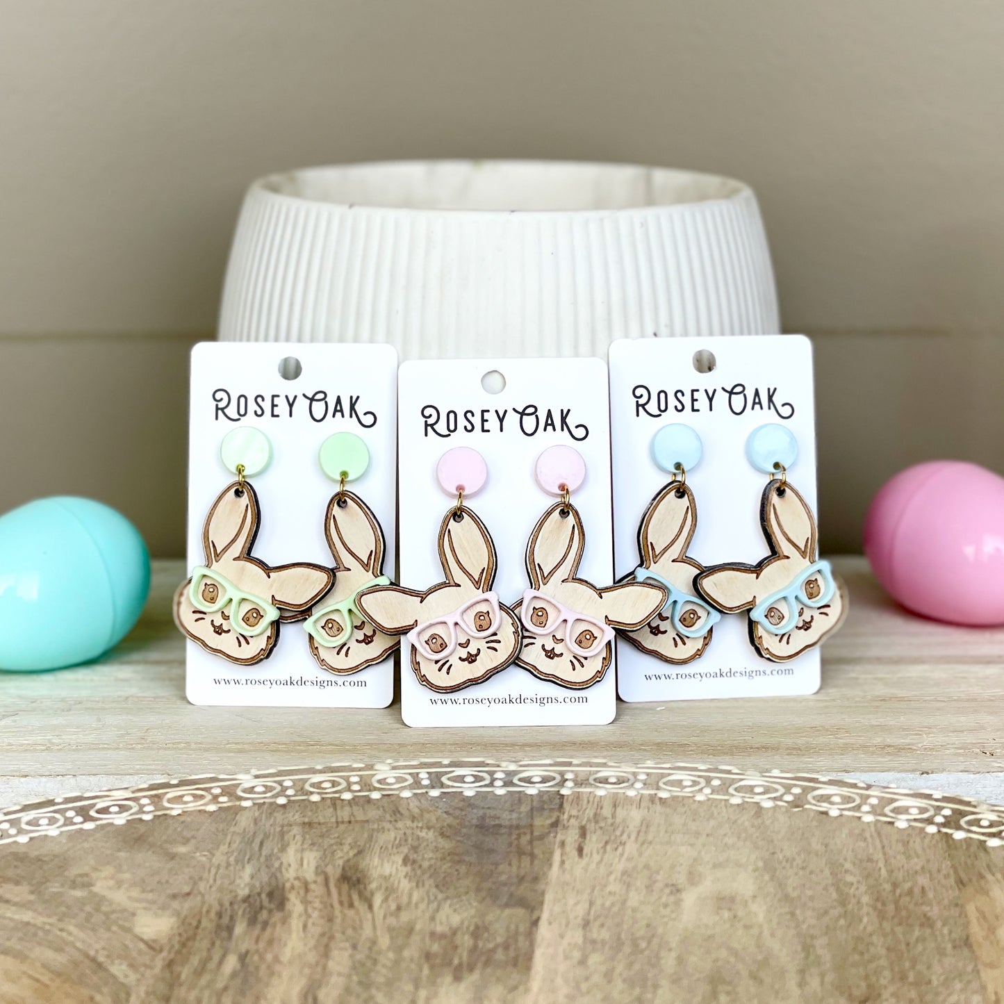 Easter Bunny with Glasses Laser Engraved Wood Dangle Earrings