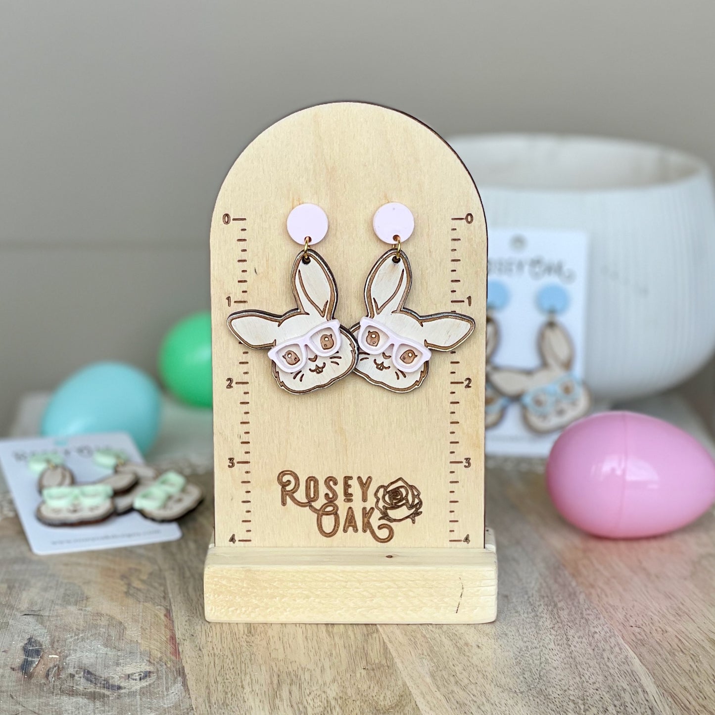 Easter Bunny with Glasses Laser Engraved Wood Dangle Earrings