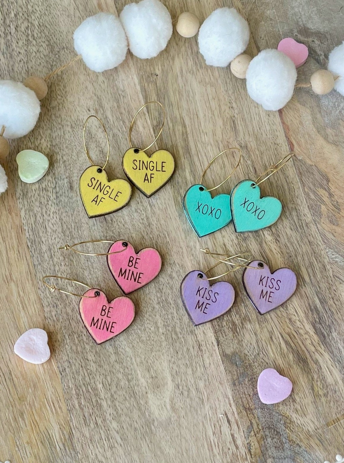Conversation Heart Laser Engraved Wood Earrings