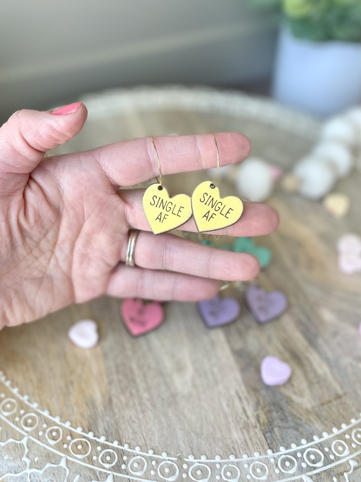 Conversation Heart Laser Engraved Wood Earrings