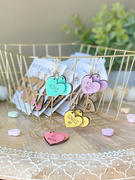 Conversation Heart Laser Engraved Wood Earrings