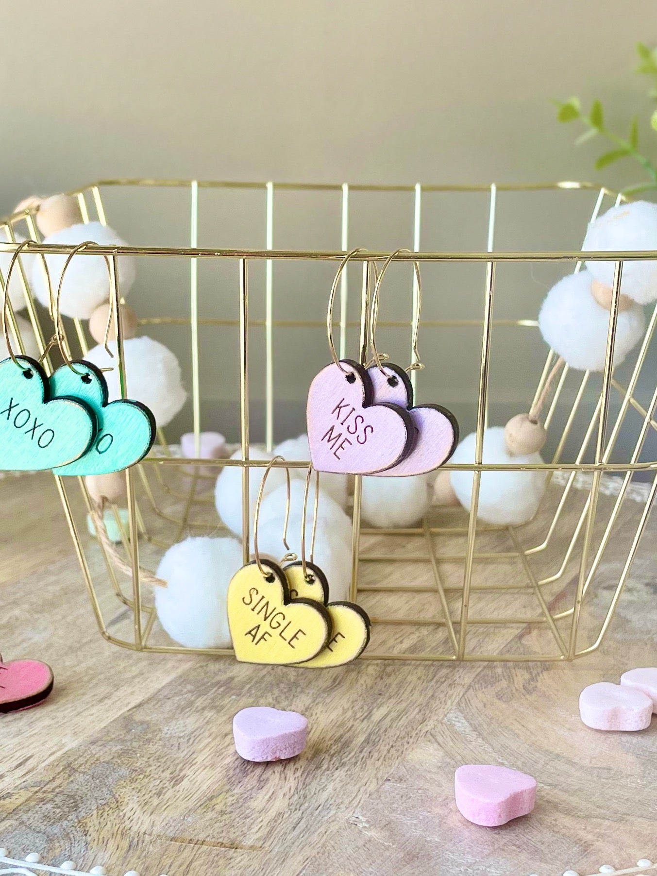 Conversation Heart Laser Engraved Wood Earrings