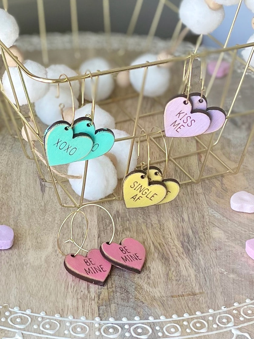 Conversation Heart Laser Engraved Wood Earrings