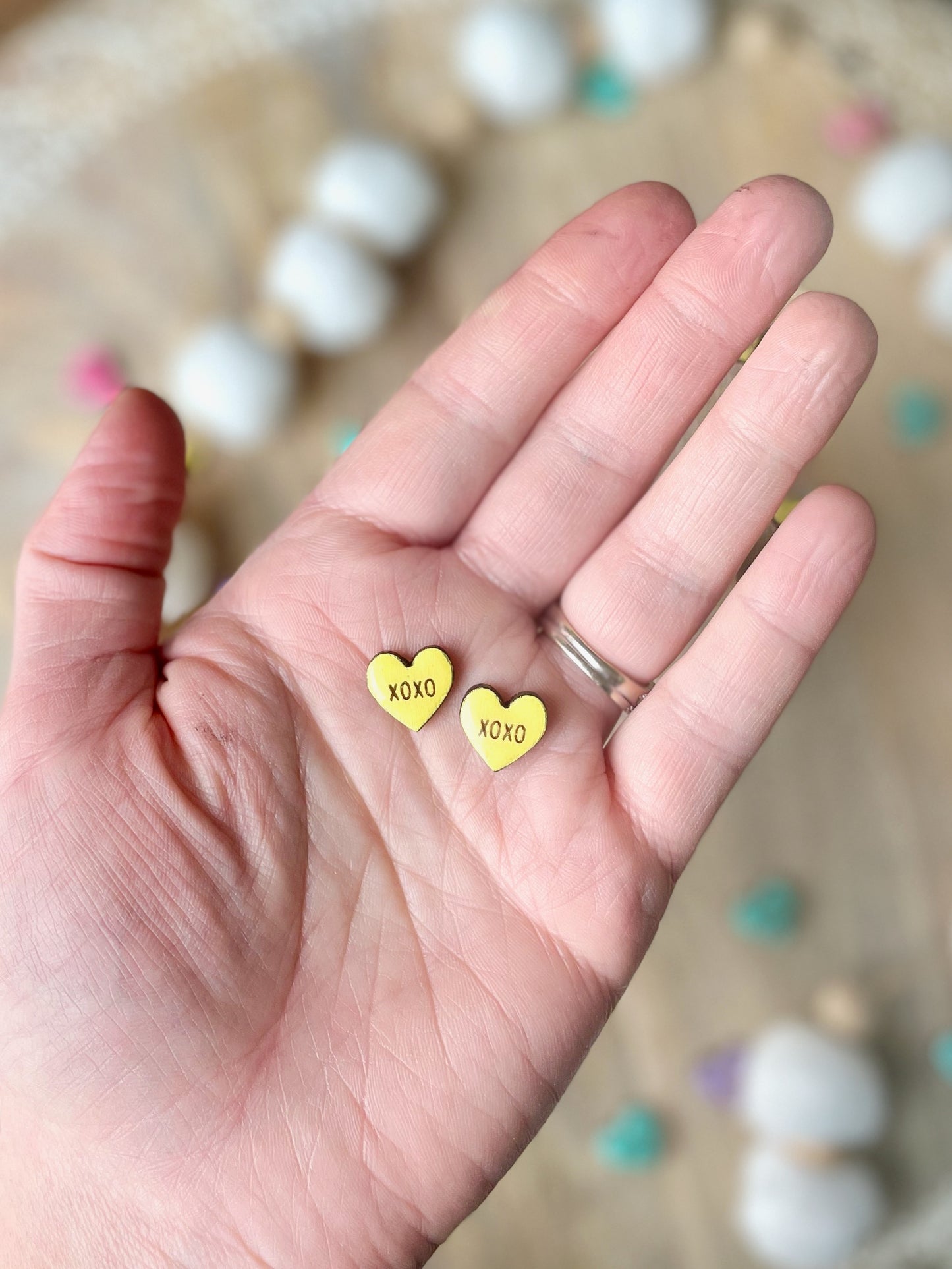 Conversation Heart Laser Engraved Wood Stud Earrings