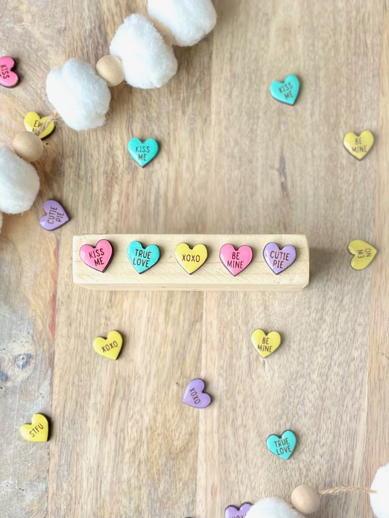 Conversation Heart Laser Engraved Wood Stud Earrings