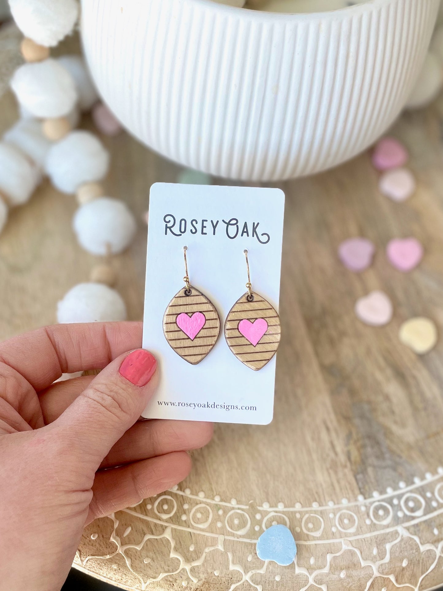 Dainty Heart and Stripes Laser Engraved Wood Earrings