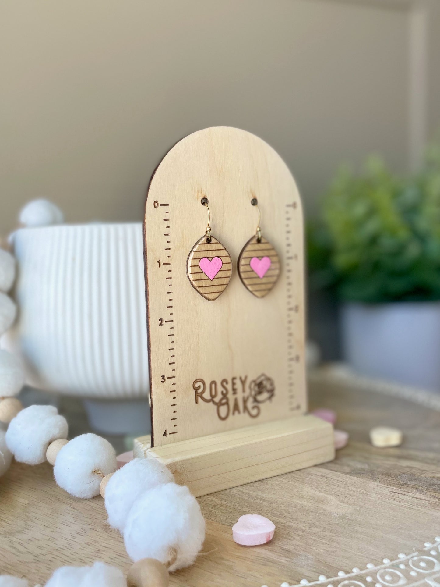 Dainty Heart and Stripes Laser Engraved Wood Earrings