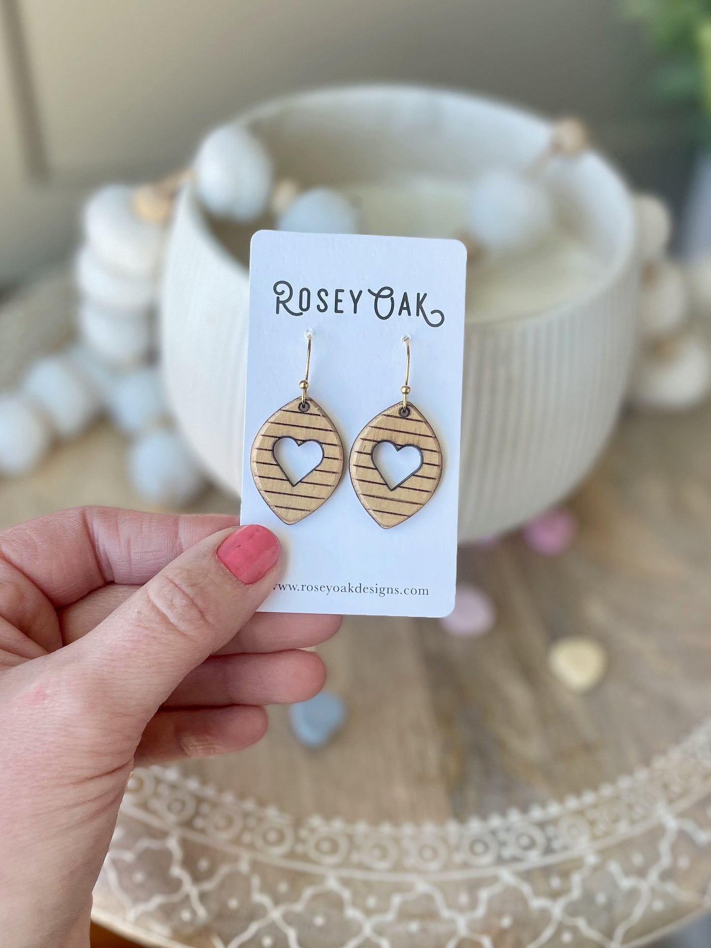Dainty Heart and Stripes Laser Engraved Wood Earrings
