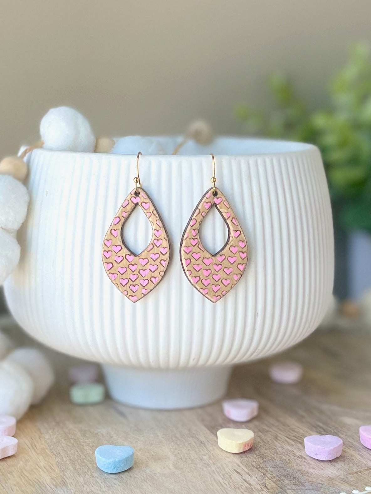 Distressed Hearts Hoop Laser Engraved Wood Earrings