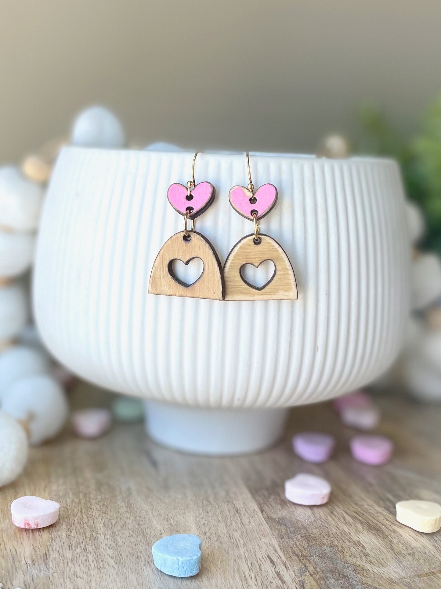 Hollow Heart Laser Cut Wood Earrings