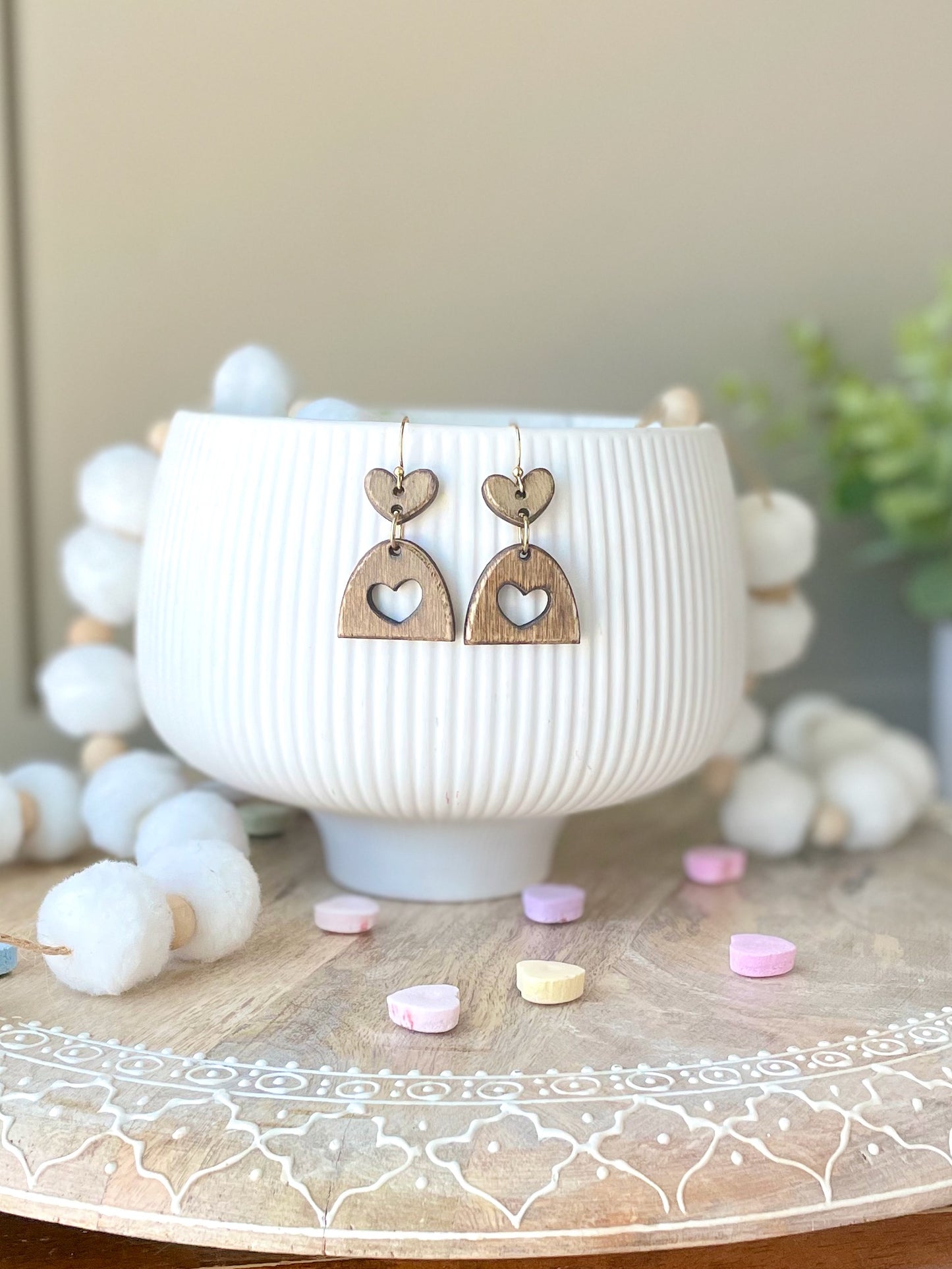 Hollow Heart Laser Cut Wood Earrings