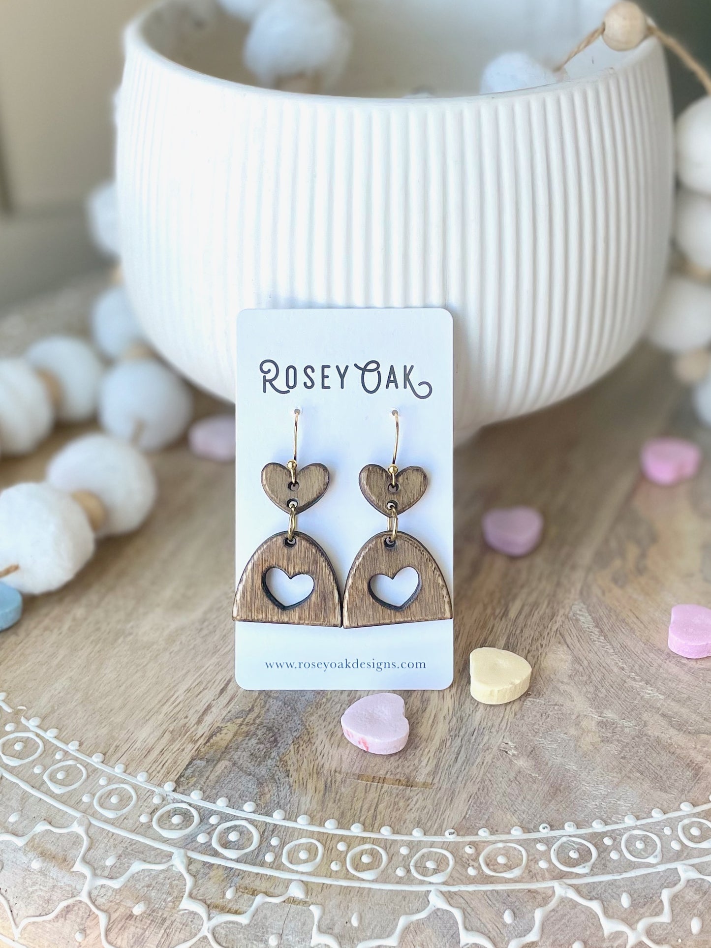 Hollow Heart Laser Cut Wood Earrings