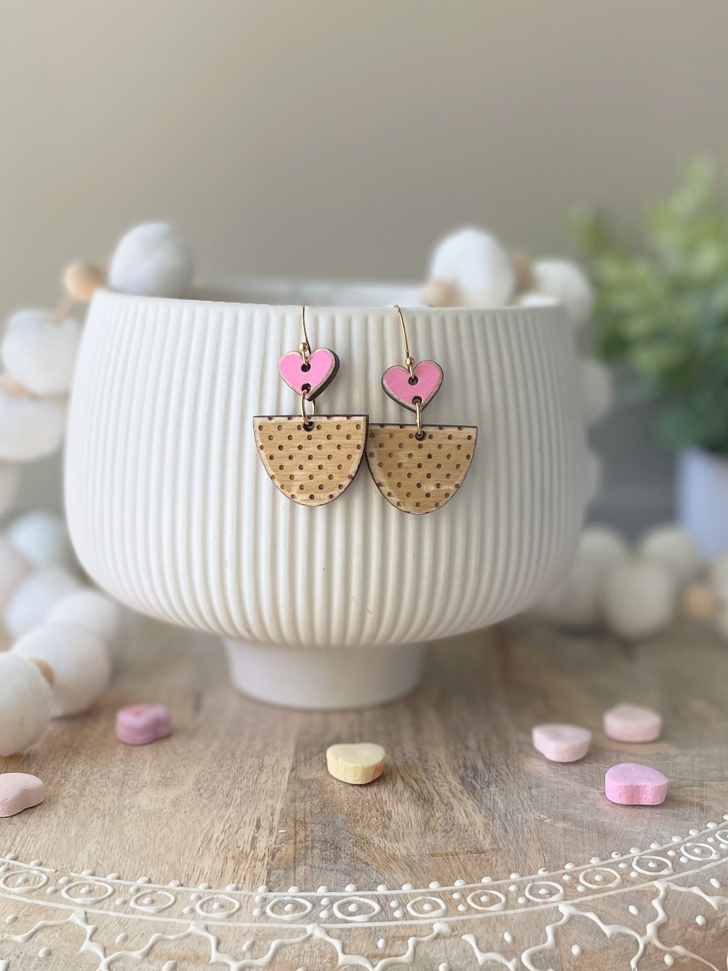 Polka Dot Heart Laser Engraved Wood Earrings