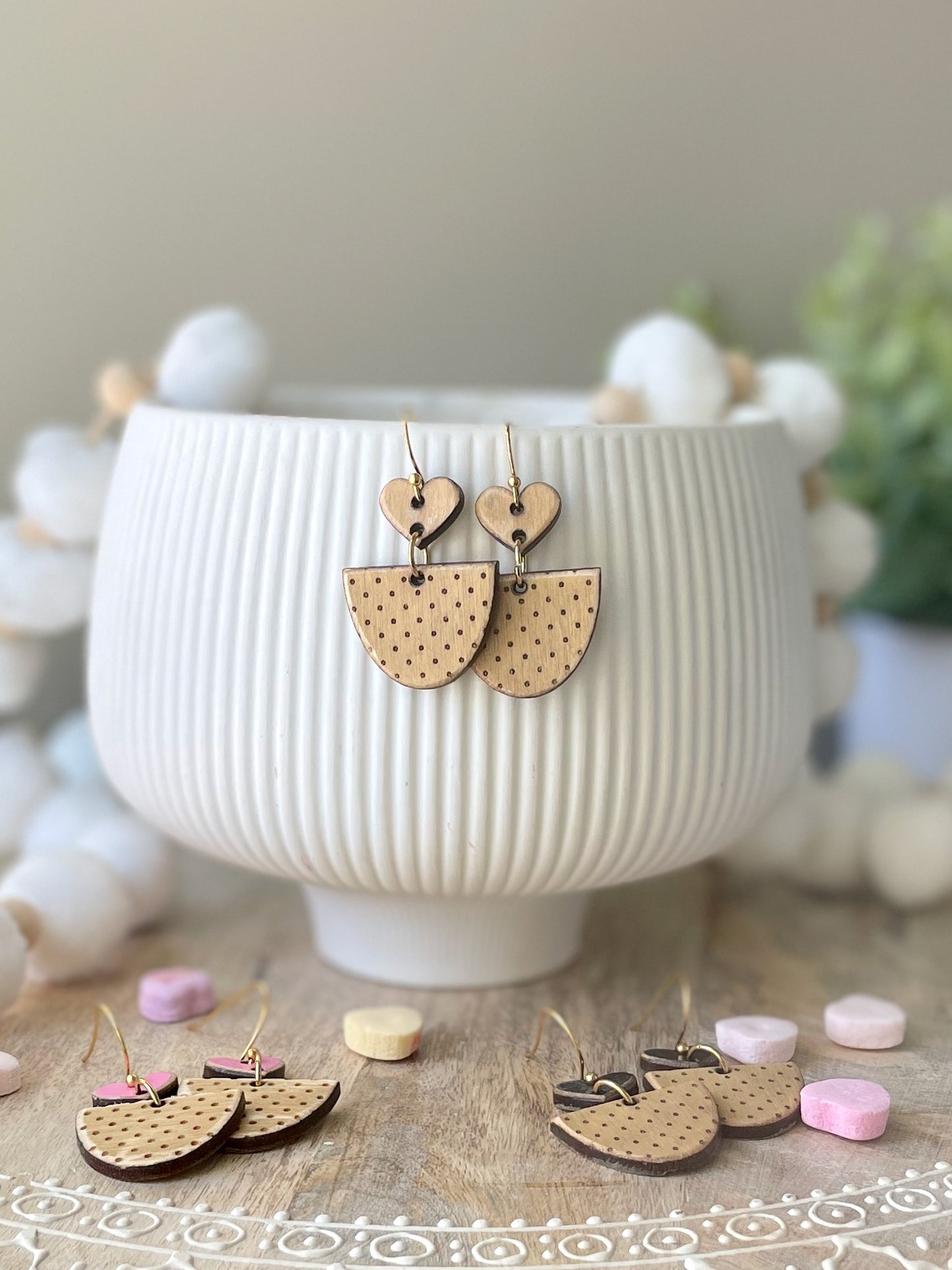 Polka Dot Heart Laser Engraved Wood Earrings