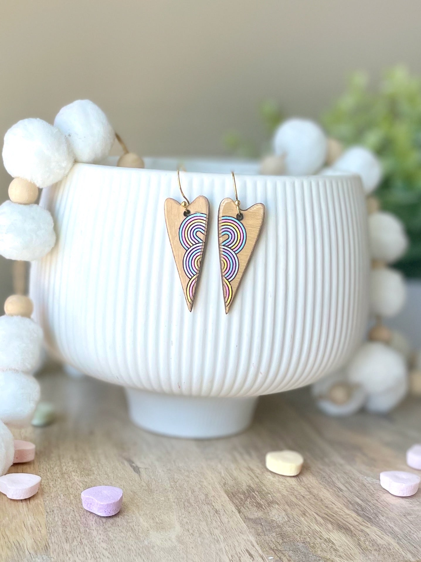Rainbow Hearts Laser Engraved Wood Earrings