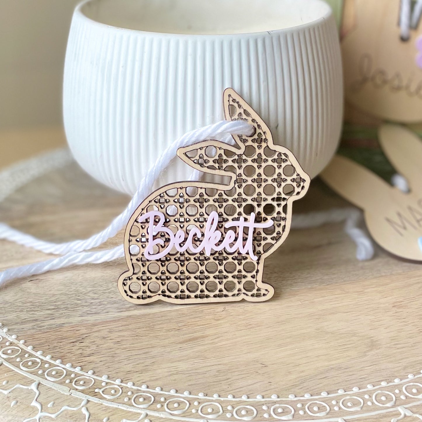Personalized Rattan Easter Bunny Basket Name Tag