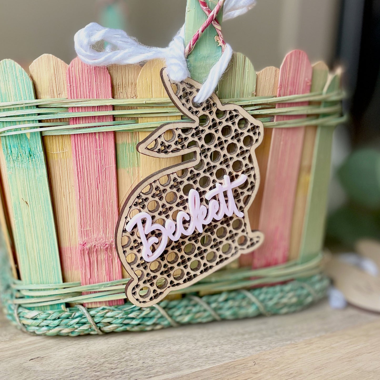 Personalized Rattan Easter Bunny Basket Name Tag