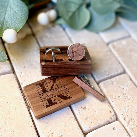 Personalized Wood Cufflinks & Tie Clip Gift Box Set