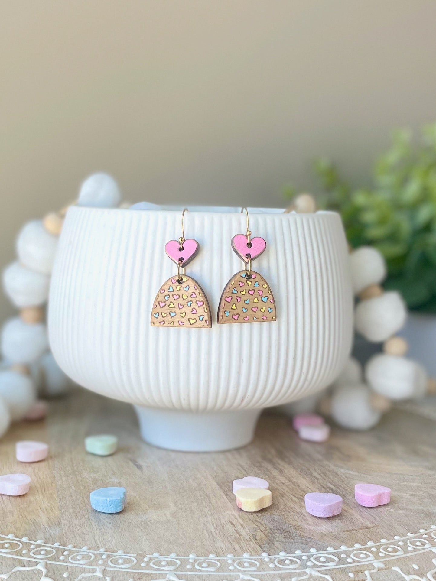 Valentines Distressed Hearts Laser Engraved Wood Earrings