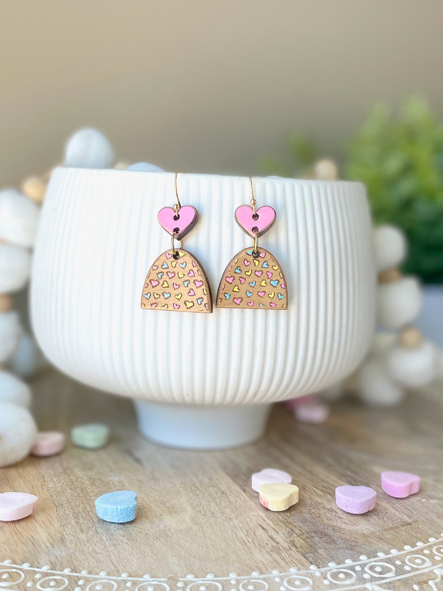 Valentines Distressed Hearts Laser Engraved Wood Earrings