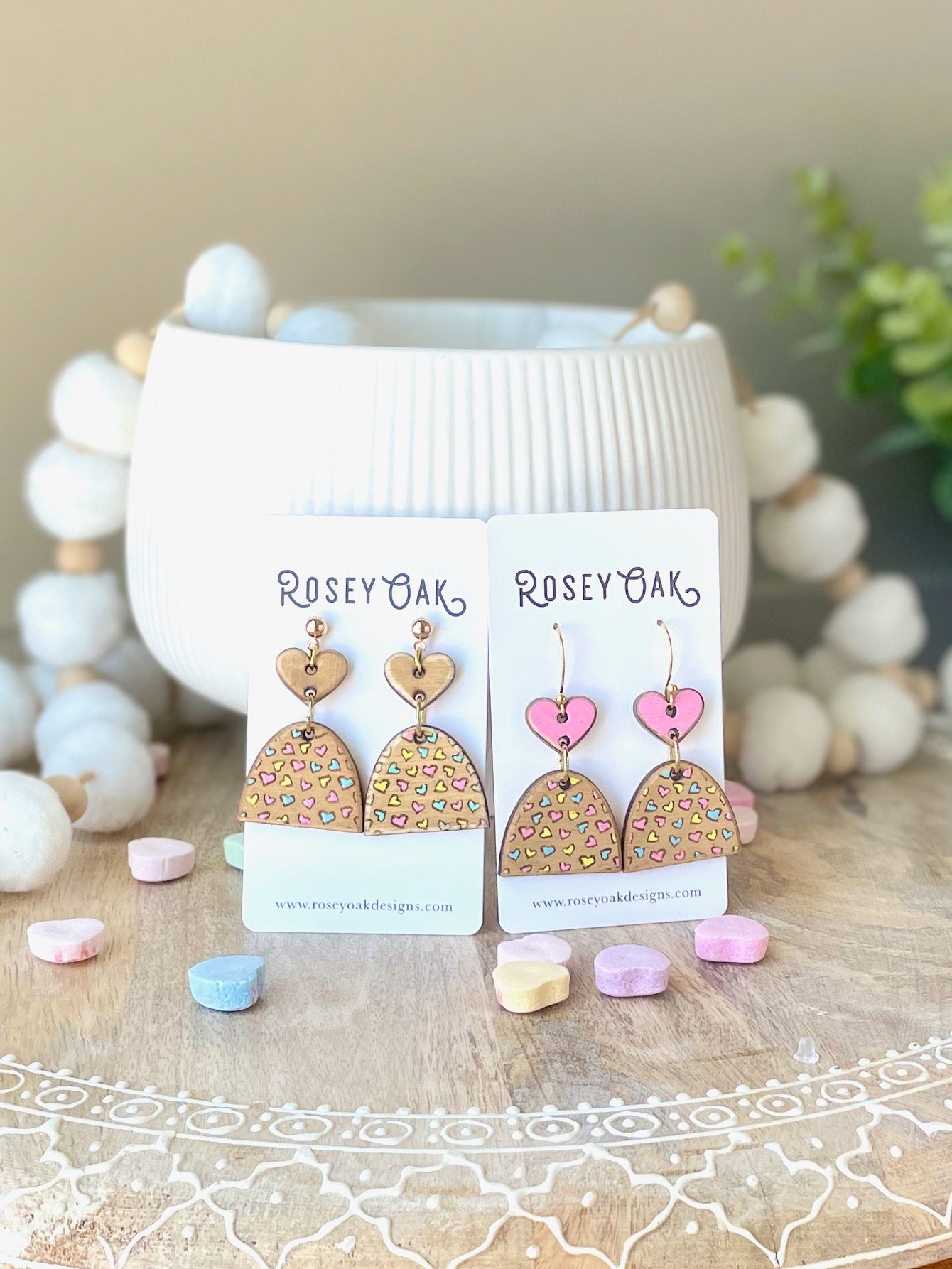Valentines Distressed Hearts Laser Engraved Wood Earrings