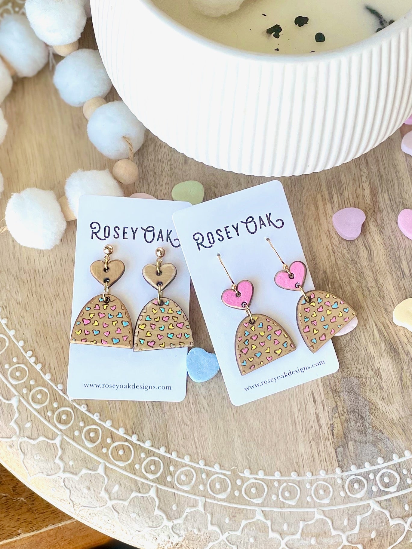 Valentines Distressed Hearts Laser Engraved Wood Earrings