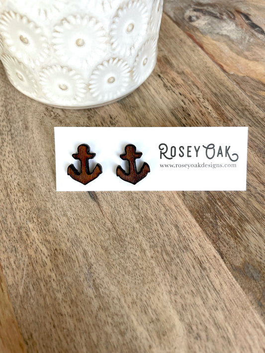 Bay Harbor Sailors Anchor, Branded Wood Stud Earrings