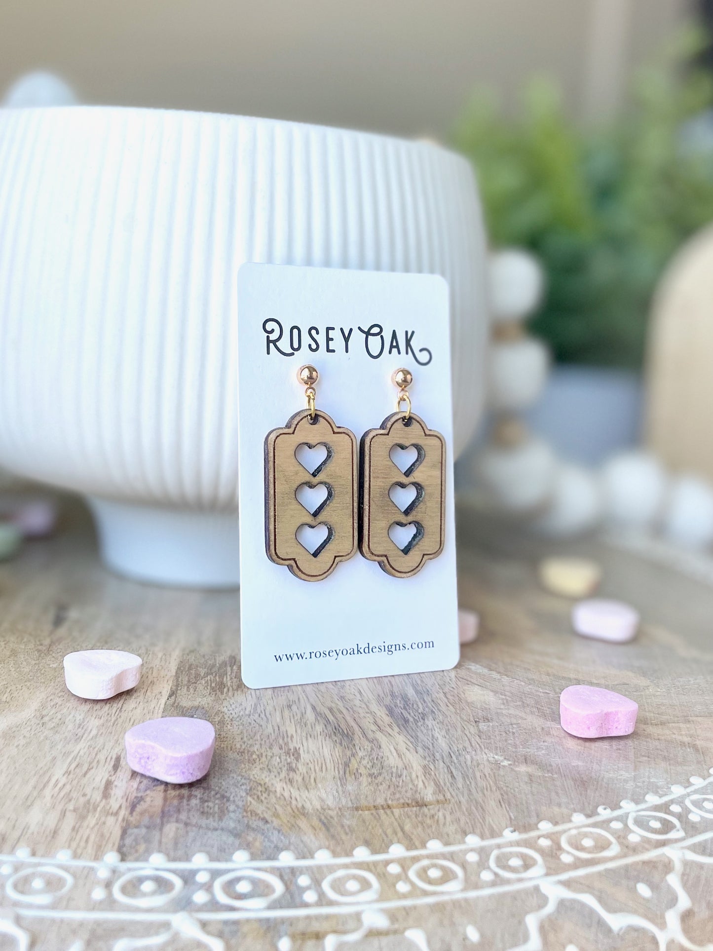 Bordered Tri Hearts Laser Engraved Wood Earrings