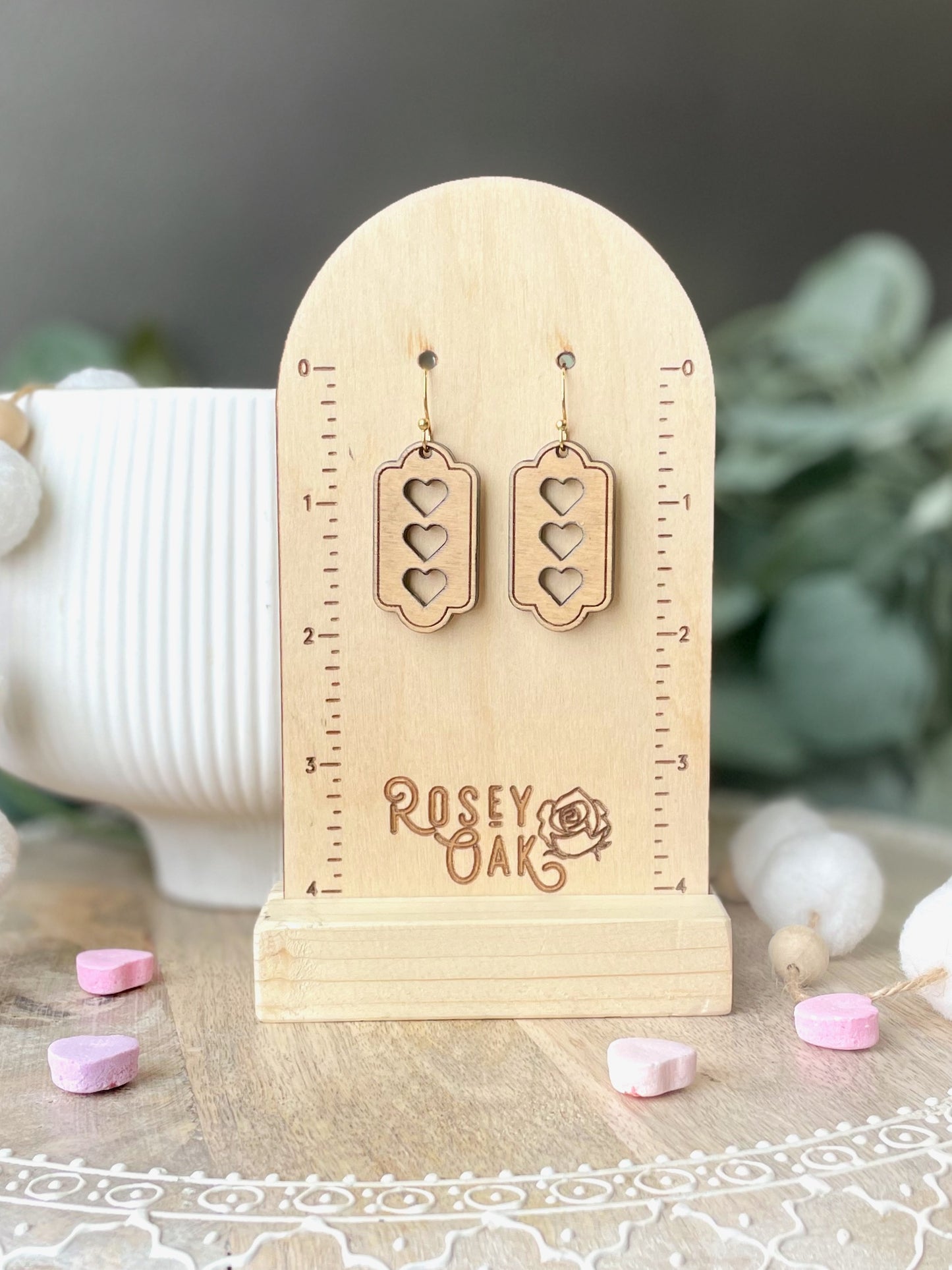 Bordered Tri Hearts Laser Engraved Wood Earrings