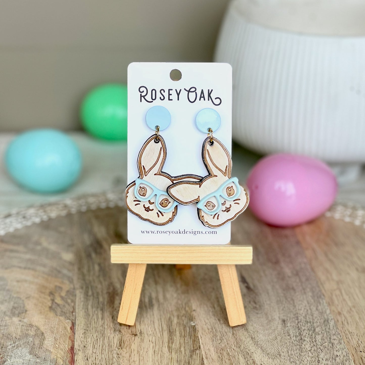 Easter Bunny with Glasses Laser Engraved Wood Dangle Earrings