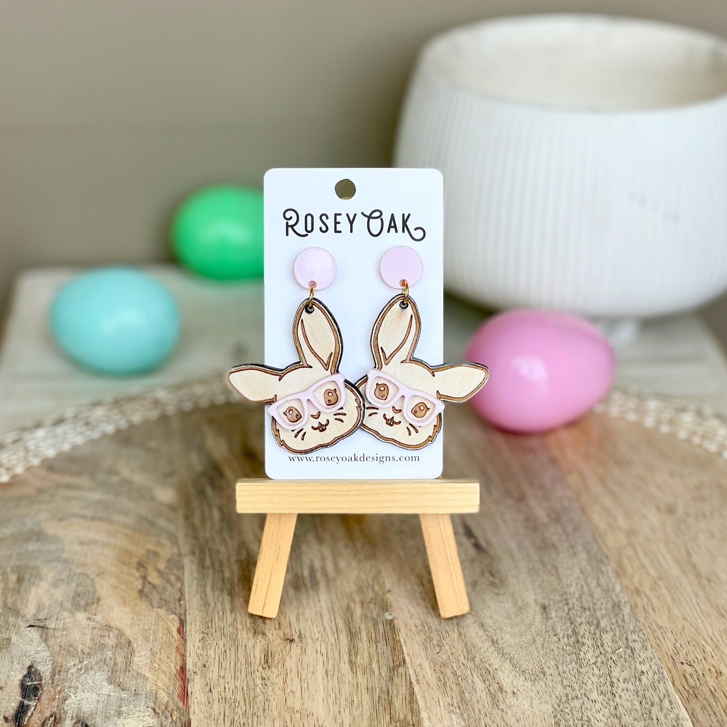 Easter Bunny with Glasses Laser Engraved Wood Dangle Earrings
