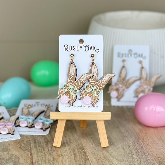 Easter Bunny with Bubble Gum Laser Engraved Wood Dangle Earrings
