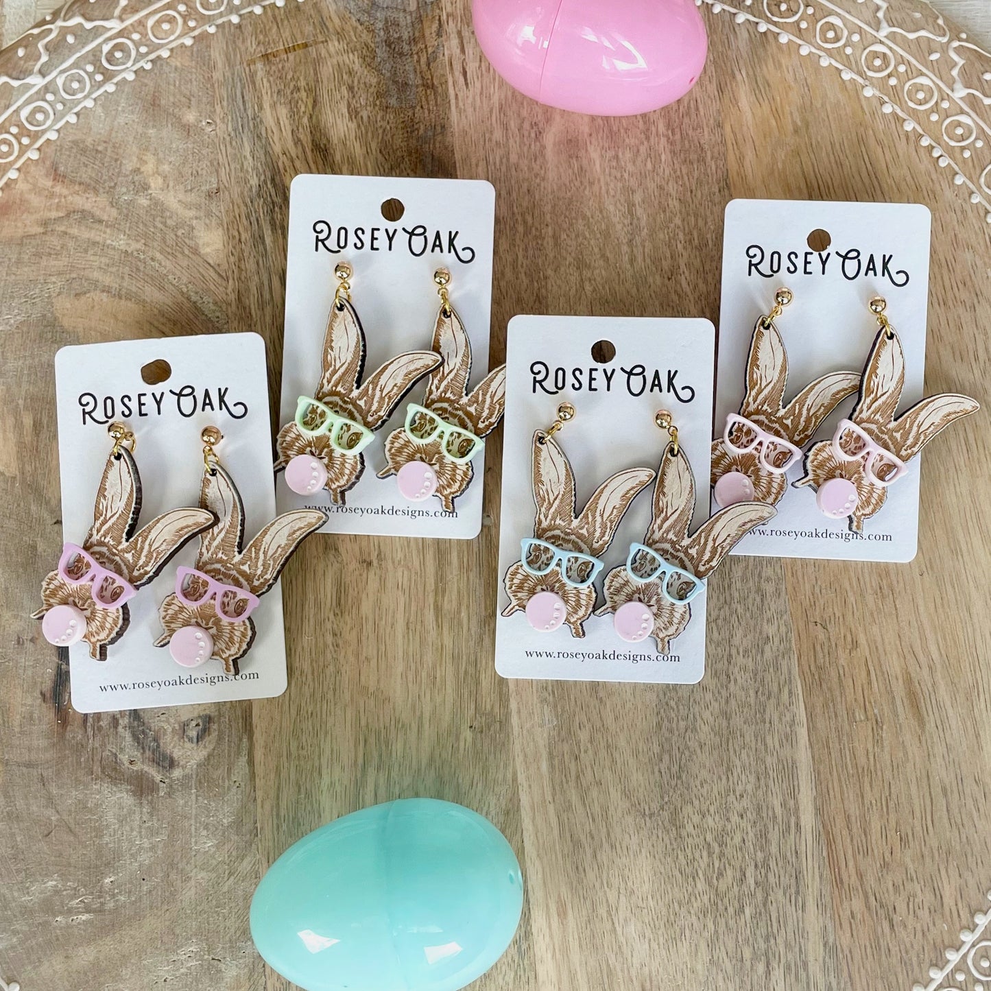 Easter Bunny with Bubble Gum Laser Engraved Wood Dangle Earrings
