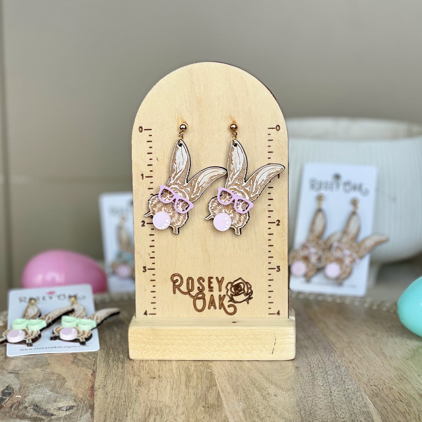 Easter Bunny with Bubble Gum Laser Engraved Wood Dangle Earrings
