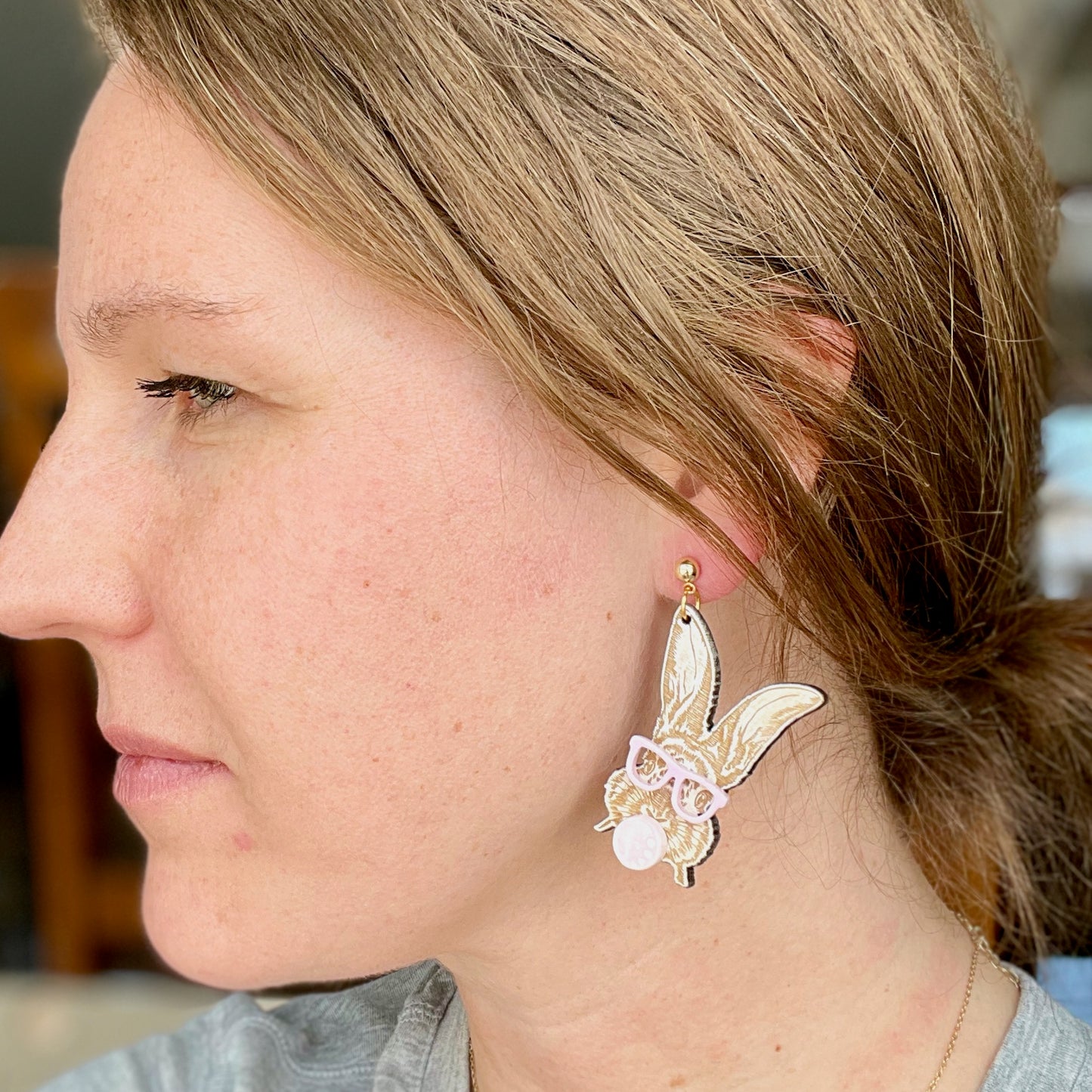 Easter Bunny with Bubble Gum Laser Engraved Wood Dangle Earrings