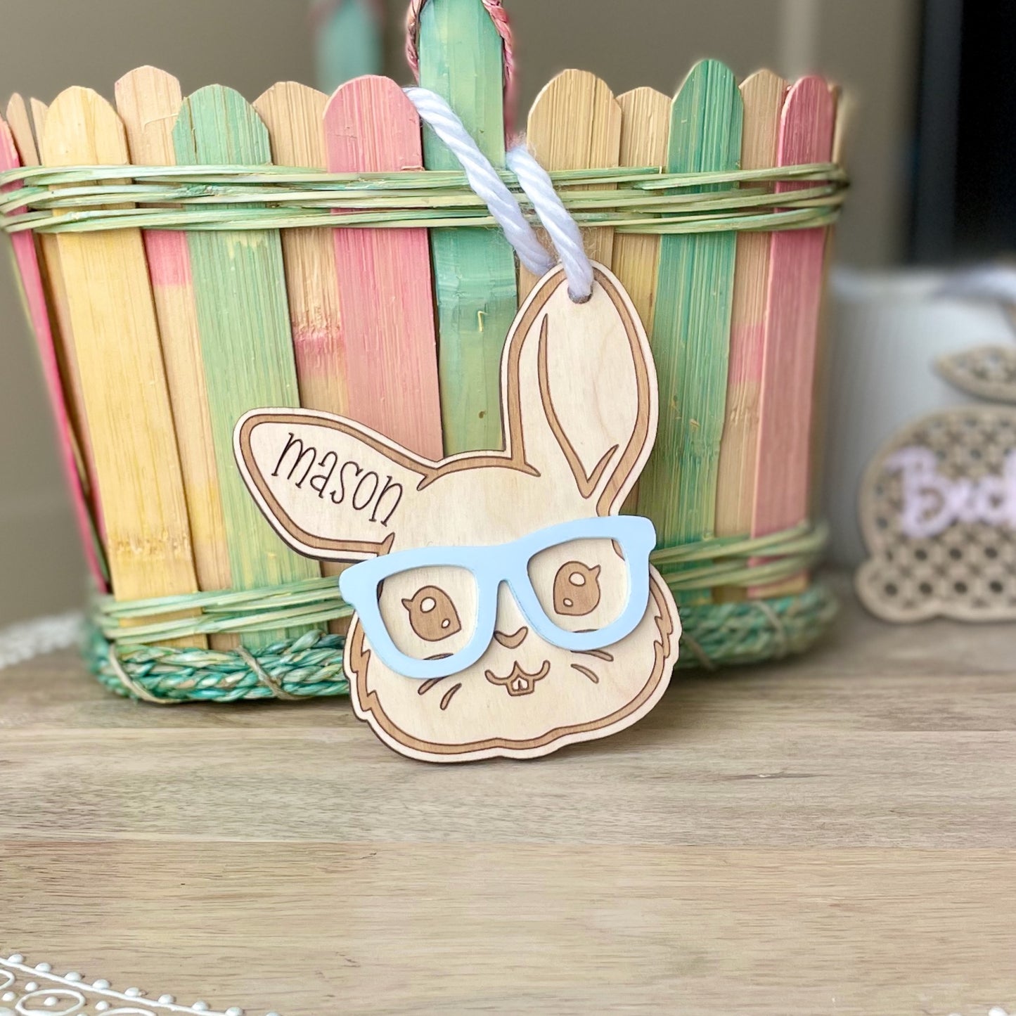 Easter Bunny with Glasses Personalized Basket Name Tag