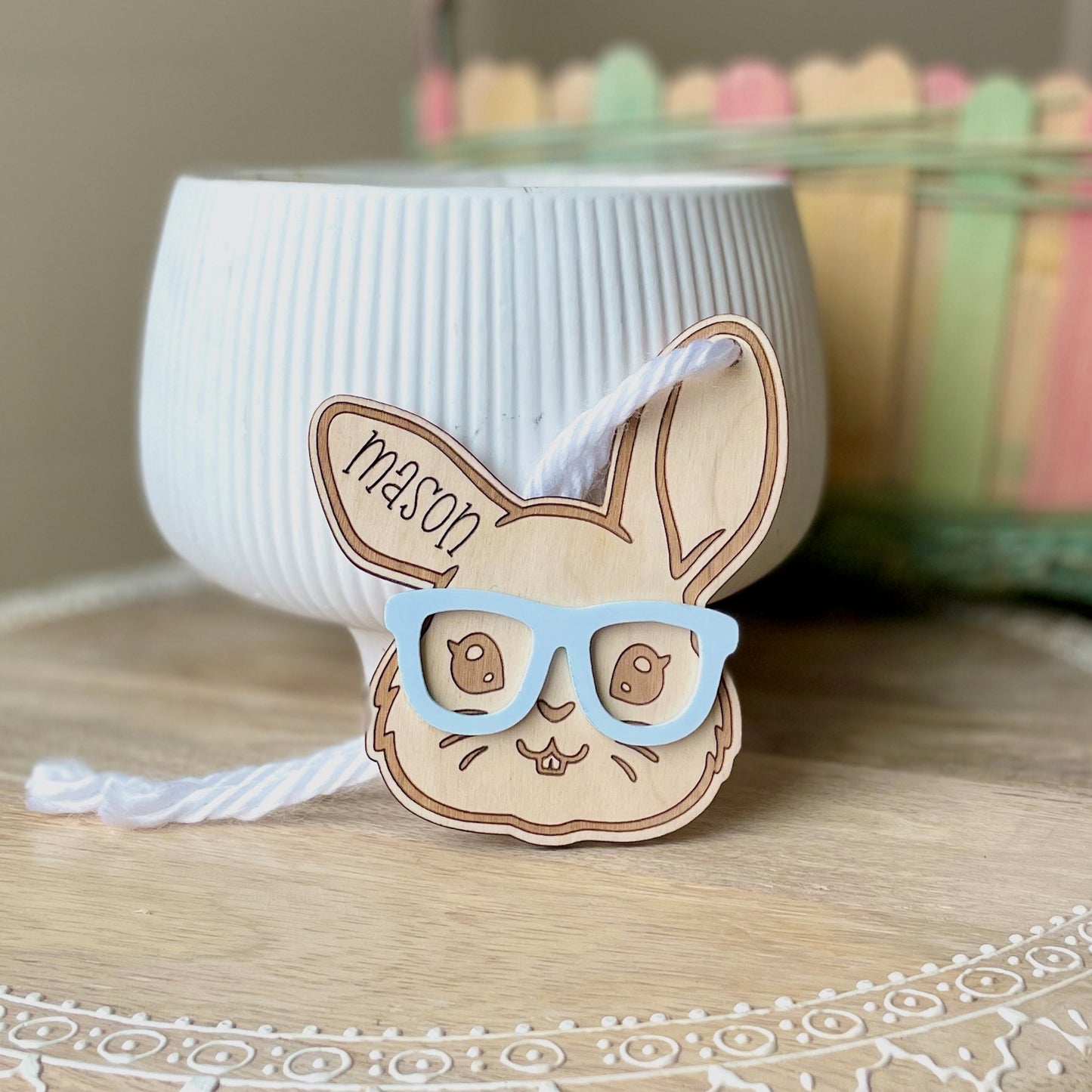 Easter Bunny with Glasses Personalized Basket Name Tag
