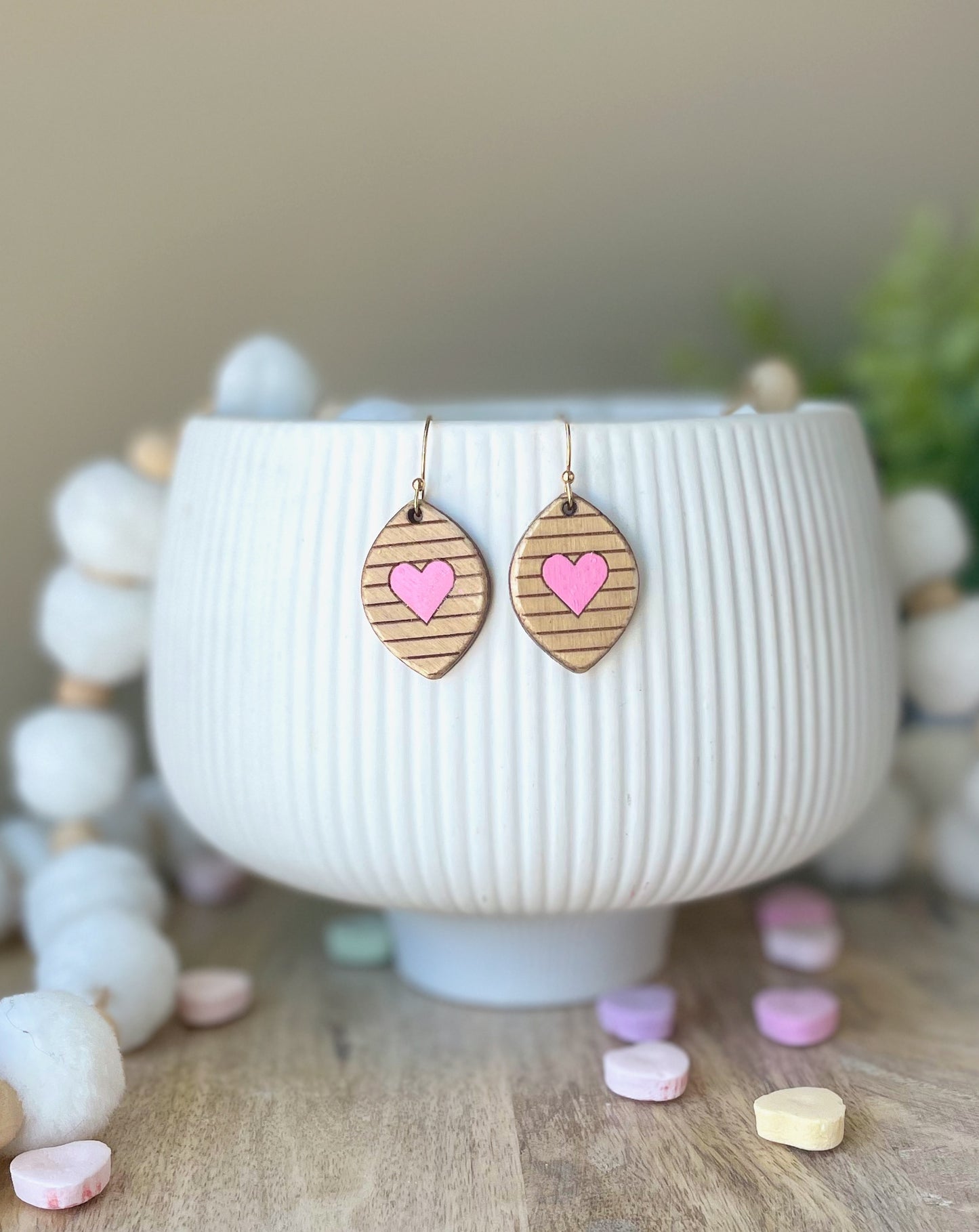 Dainty Heart and Stripes Laser Engraved Wood Earrings