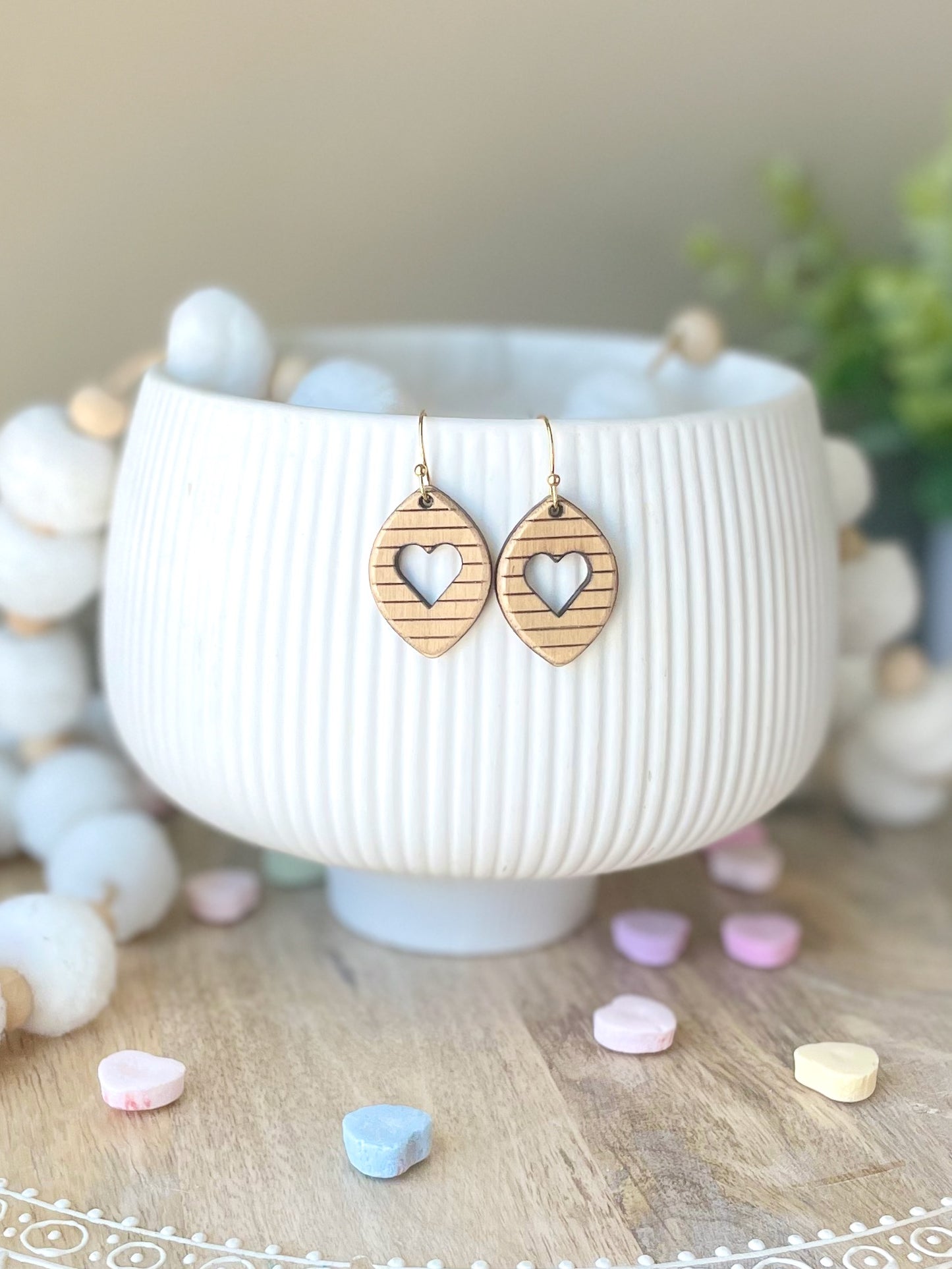 Dainty Heart and Stripes Laser Engraved Wood Earrings
