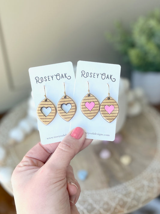Dainty Heart and Stripes Laser Engraved Wood Earrings