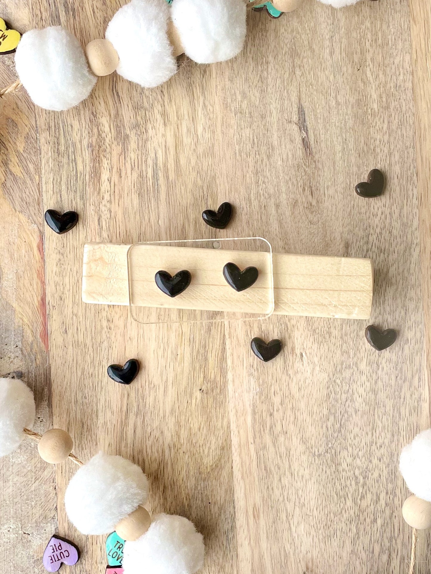 Mini Black Heart Laser Engraved Wood Stud Earrings