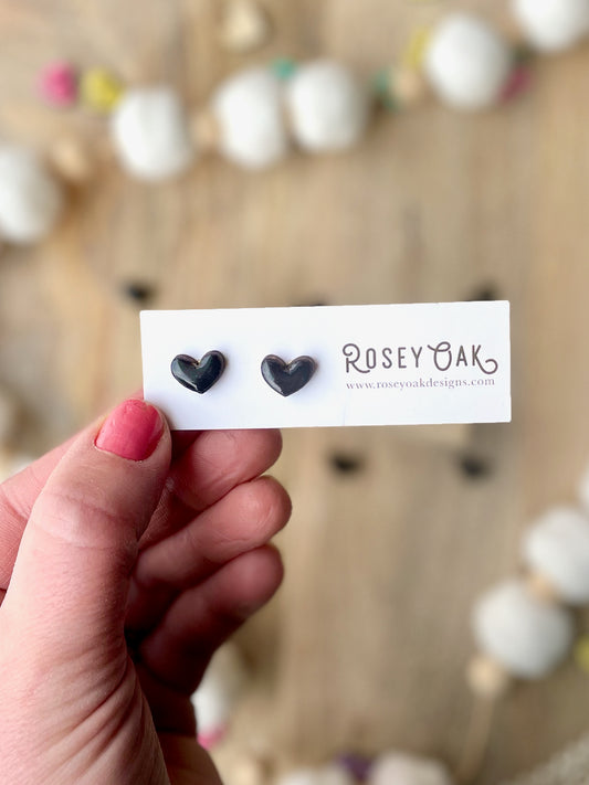 Mini Black Heart Laser Engraved Wood Stud Earrings