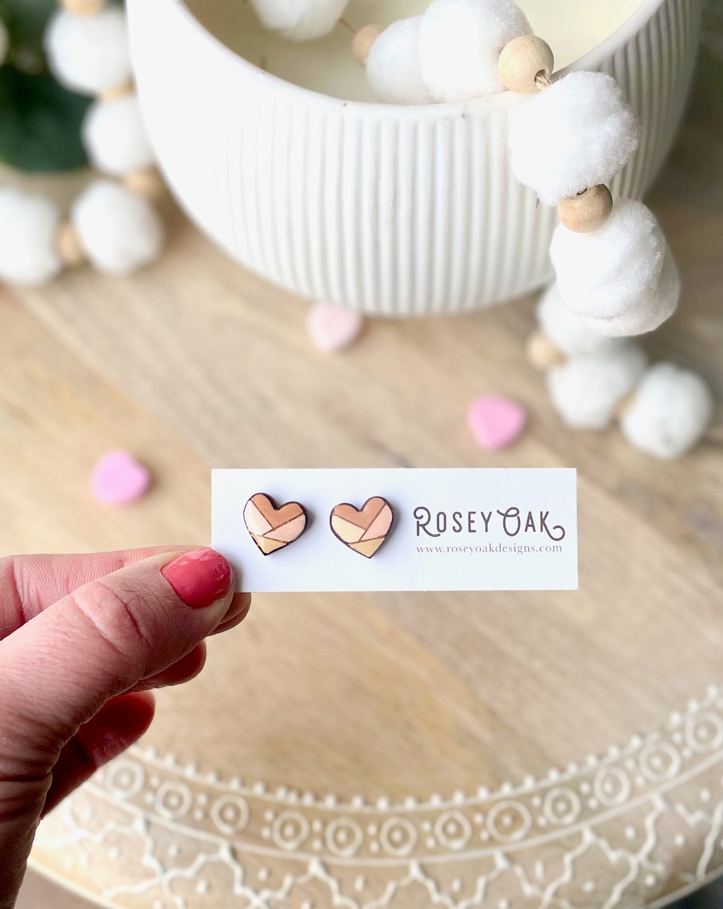 Neutral Geometric Heart Laser Engraved Wood Stud Earrings