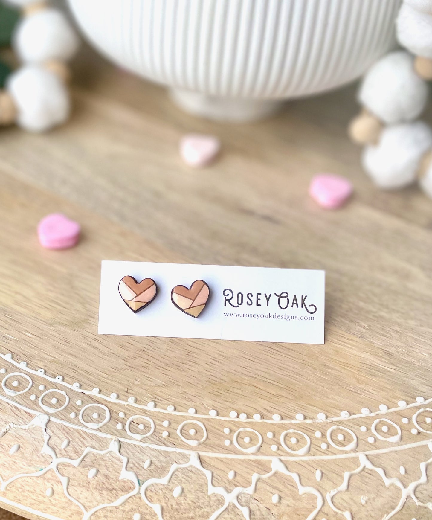 Neutral Geometric Heart Laser Engraved Wood Stud Earrings