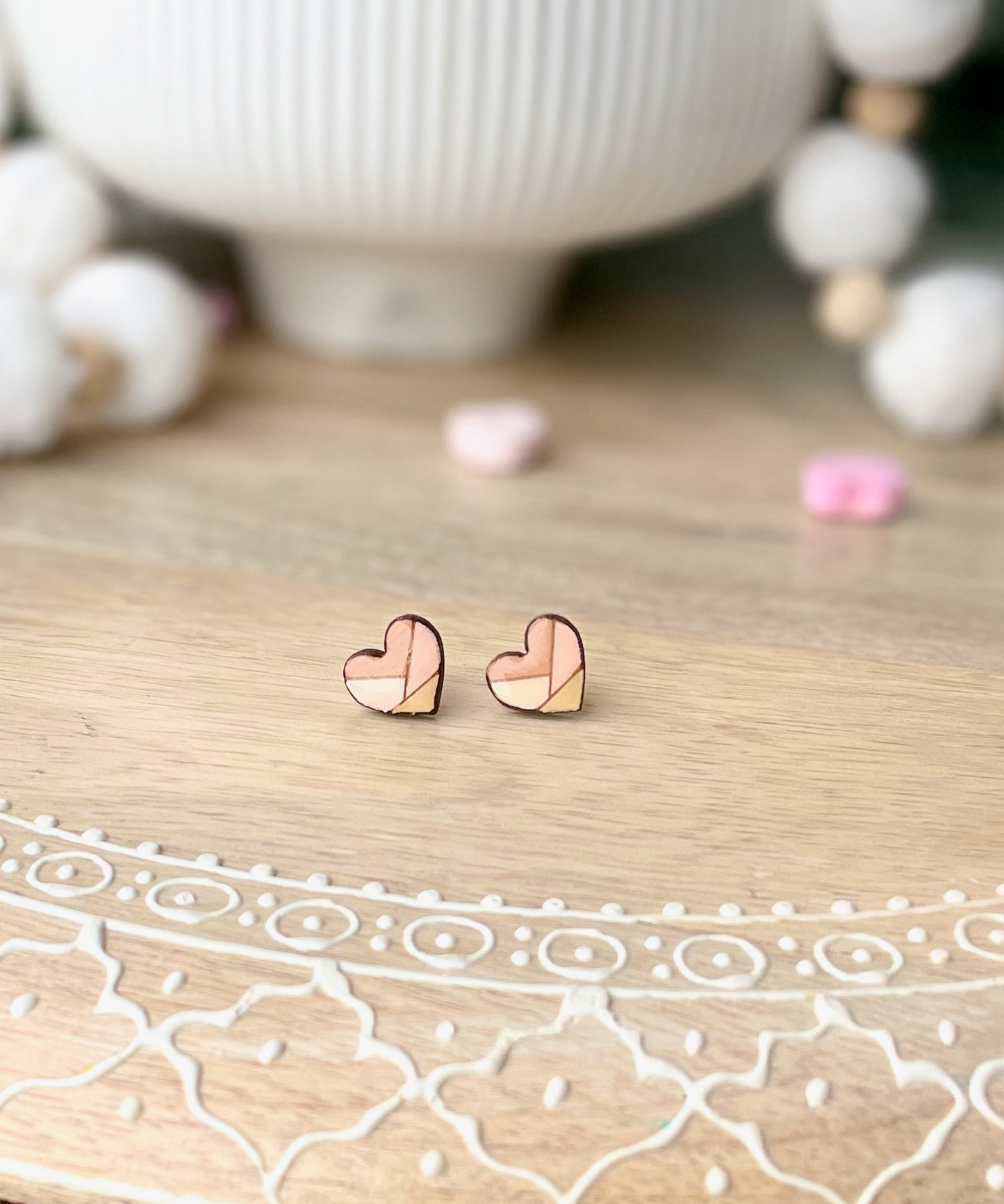 Neutral Geometric Heart Laser Engraved Wood Stud Earrings