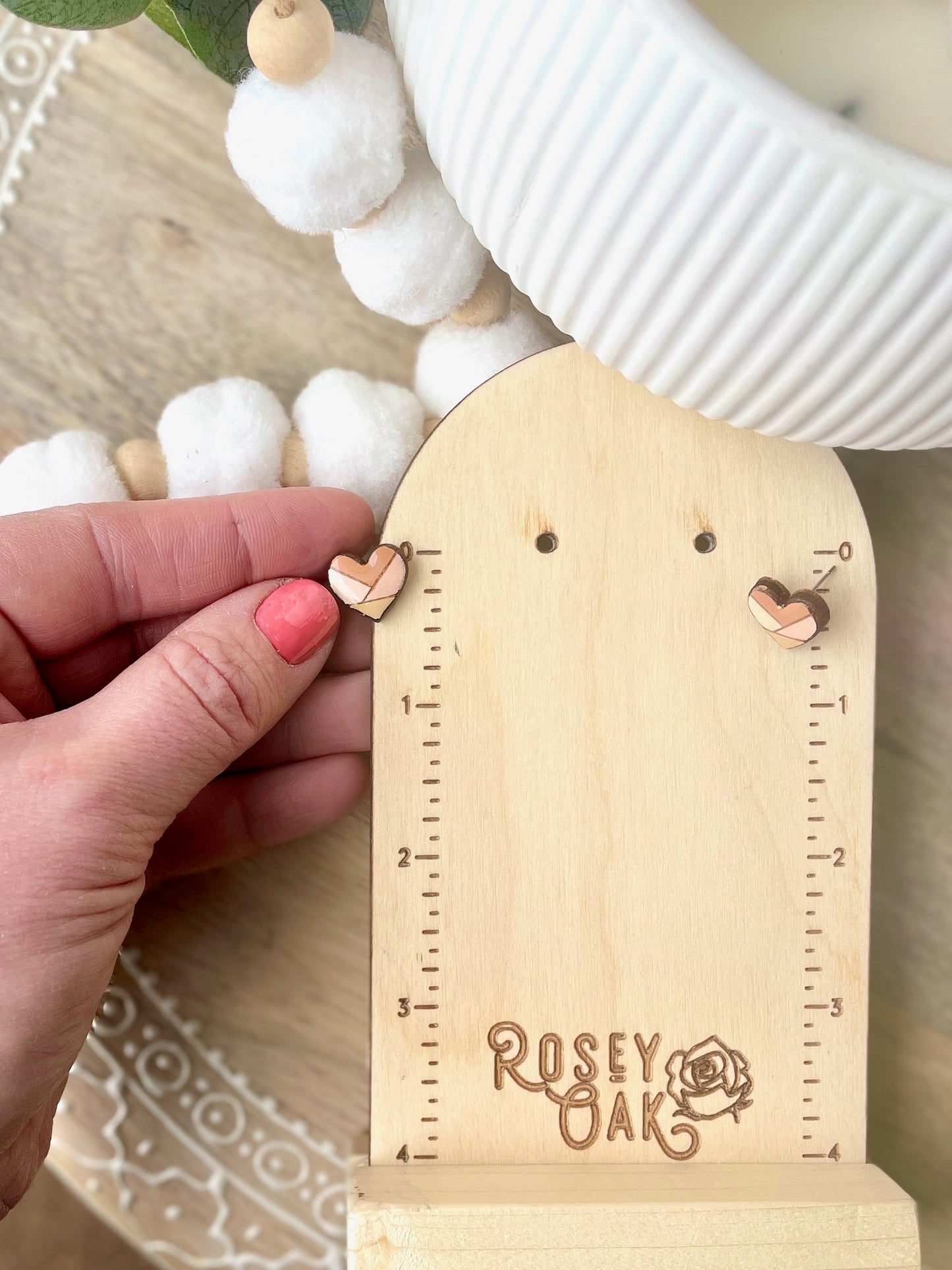 Neutral Geometric Heart Laser Engraved Wood Stud Earrings