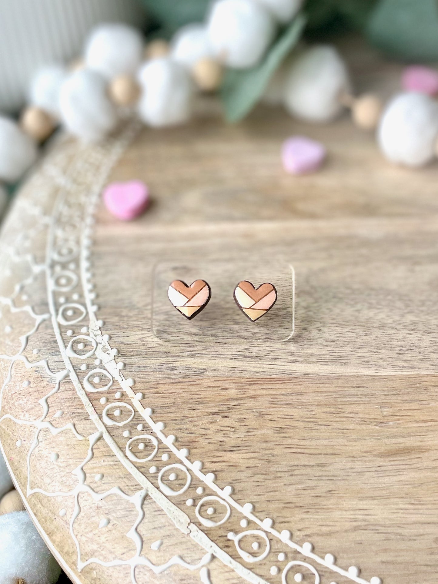 Neutral Geometric Heart Laser Engraved Wood Stud Earrings