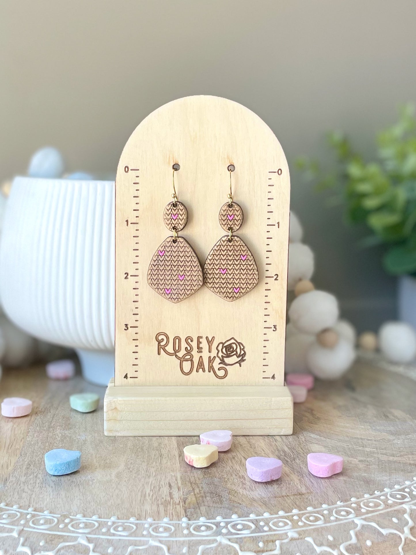 Never Ending Love Heart Tear Drop Laser Engraved Wood Earrings